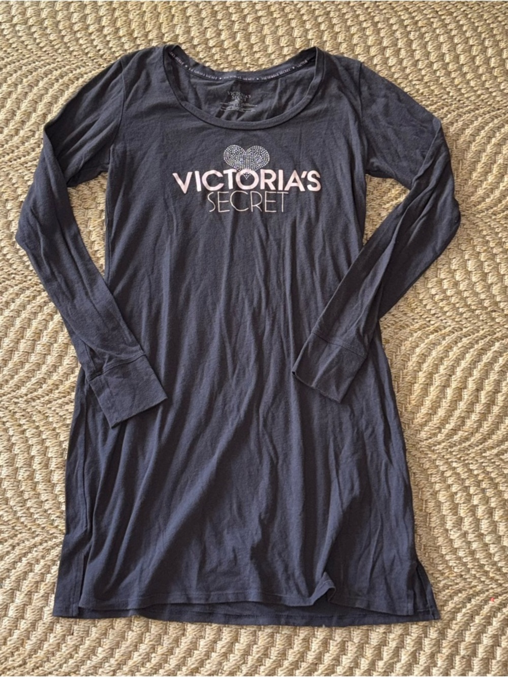 Victoria's Secret Navy Sleep Shirt with Pink Logo and Rhinestone Heart XS